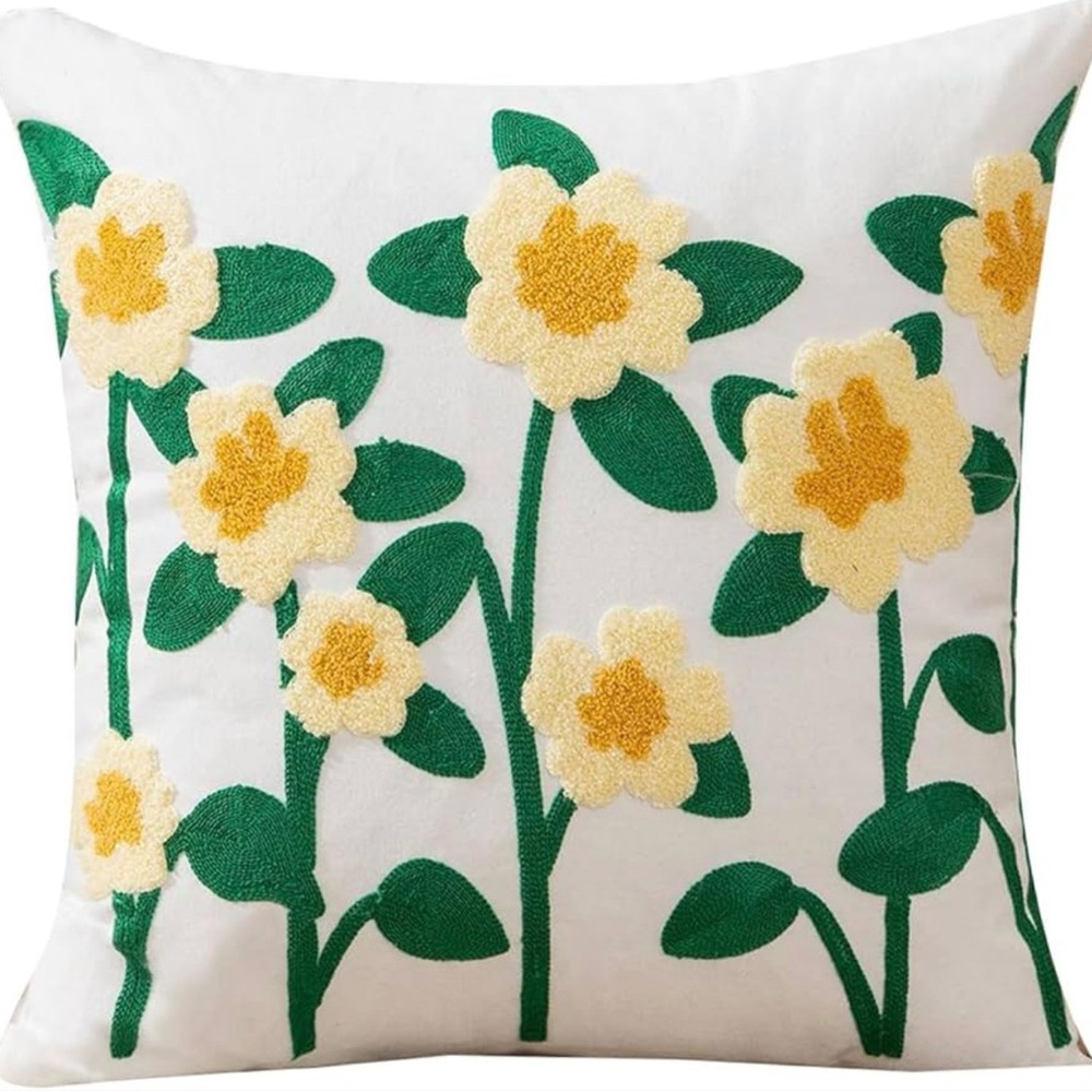 Set of 2 Cream Floral Tufted Pillow Covers with Green Leaves- brand new!